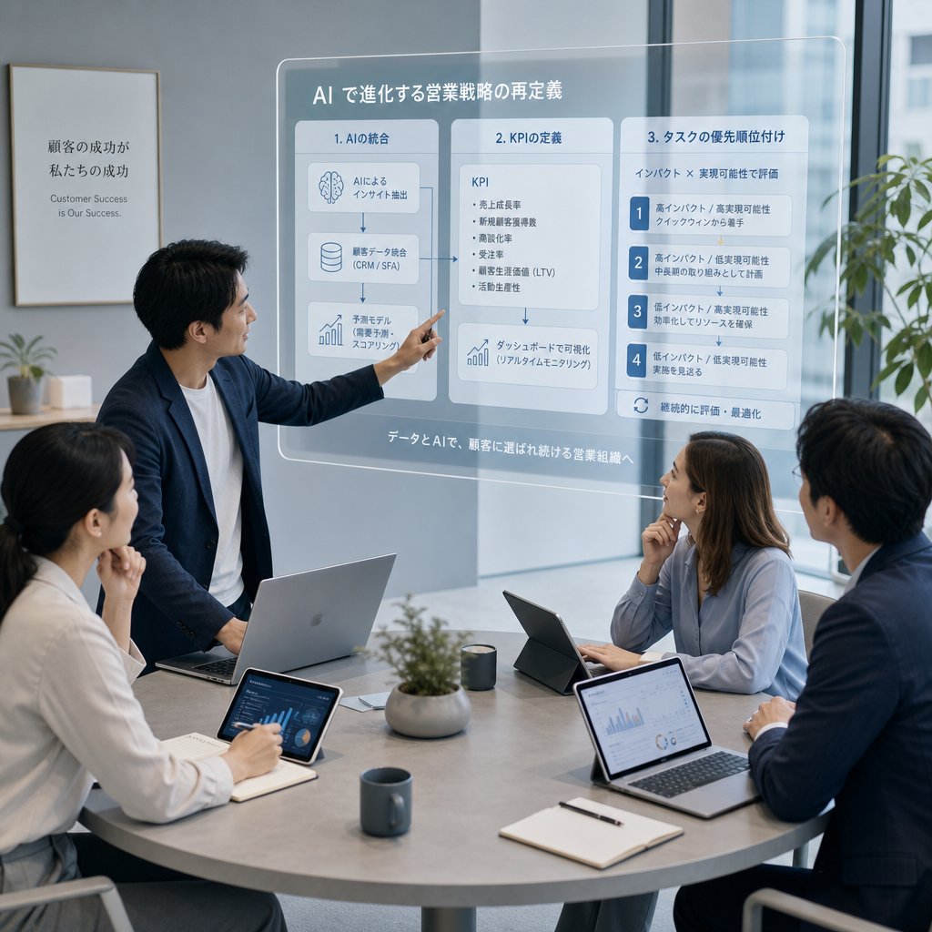 B2B AI 営業戦略の全体像をホワイトボードで整理するビジネスチーム