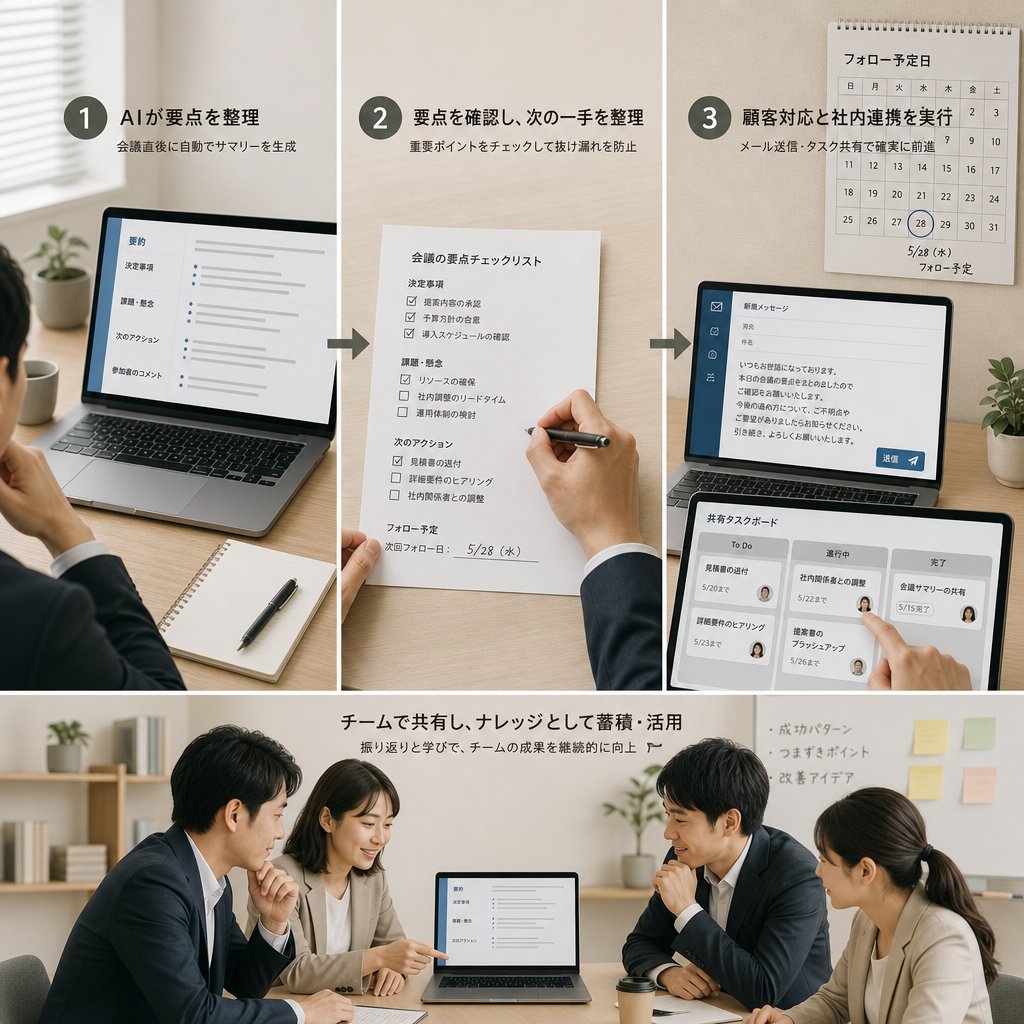 商談後にAI議事録からメール送信とタスク登録を進める営業の様子