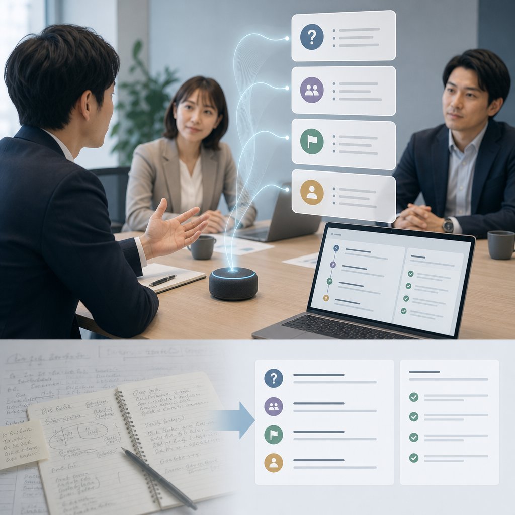 営業担当者の商談音声をAIが文字起こしして分析するイメージ