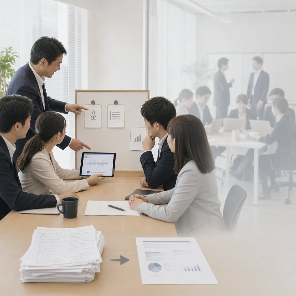 営業チームがAI音声認識ツールの導入計画を確認している様子