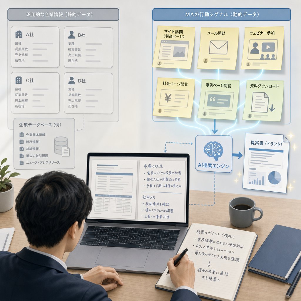 顧客データをもとに提案書を生成する営業AIのイメージ